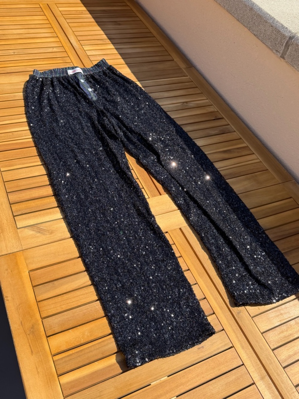 Black Sequin Wide-Leg Pants with Elastic Waist